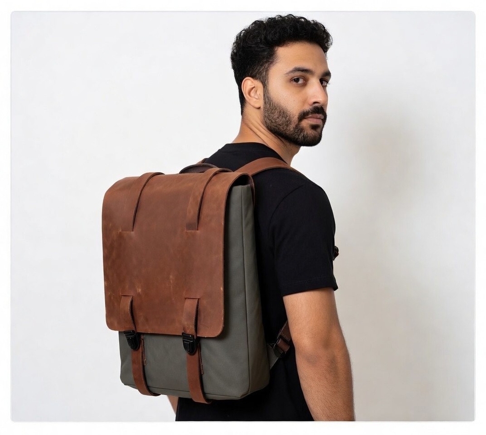 HUMMS Mammbo Grey Resin Brown Leather Unisex Backpack Argentina Travel Good Plus - Picture 1 of 10